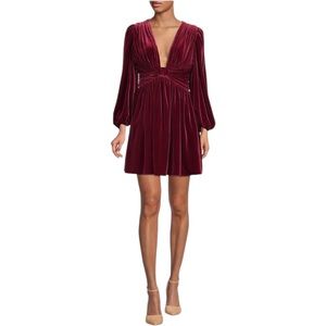 Mariah Velvet Burgundy Long Sleeve Mini Dress Plunging Neckline by Gianni Bini
